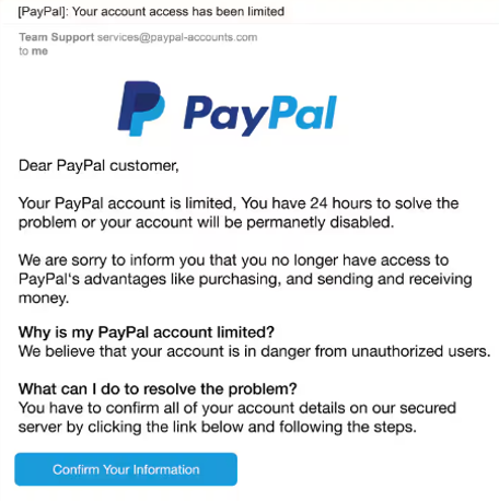 example of a phishing email, PayPal