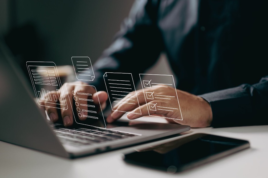 man at the keyboard, digitized document, document management concept.