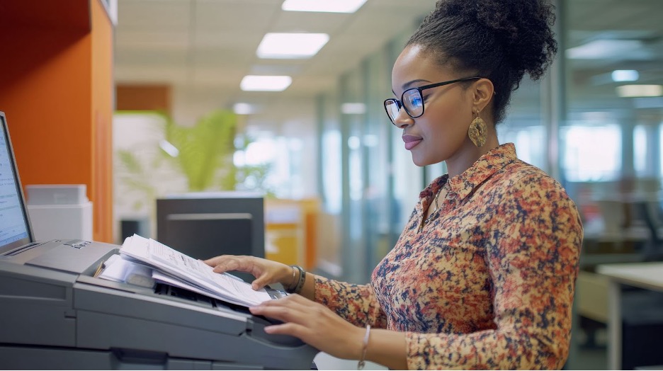 woman in an office, collecting documents at a multifunction printer