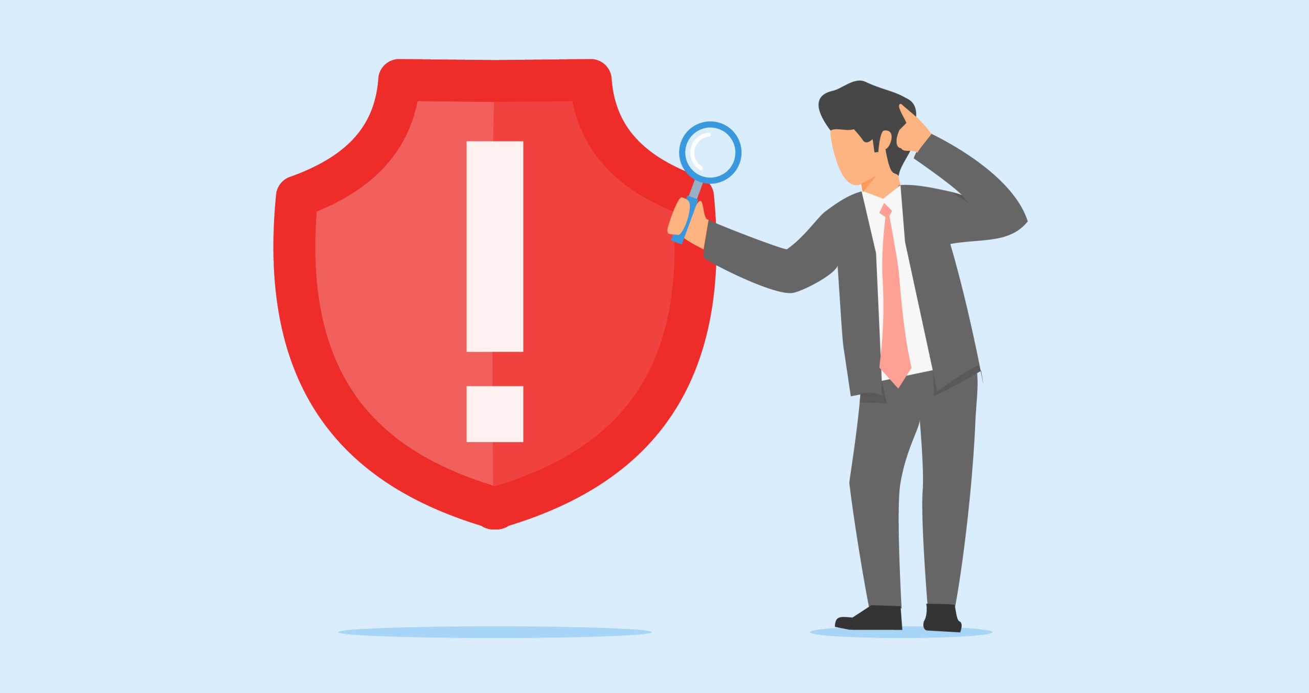 IT strategy and risk assesment concept. A businessman holding a magnifying glass in front of an alert sign.