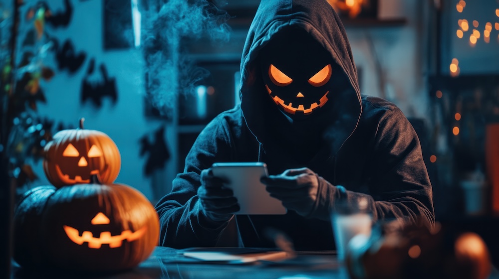 Halloween hacker figure with a mask. Concept need for cybersecurity.