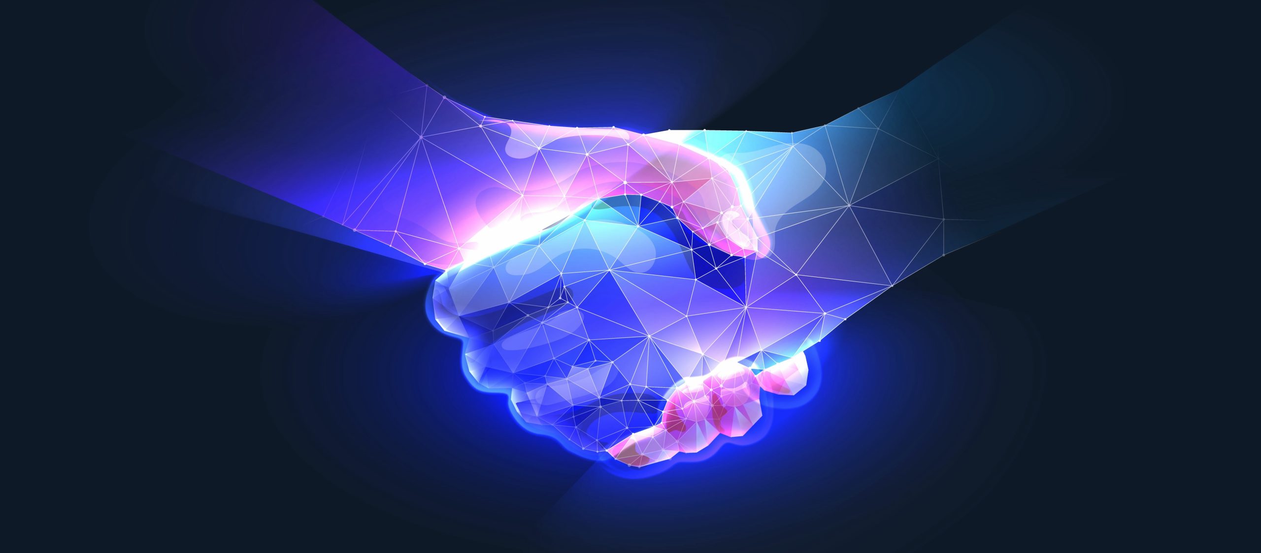 Handshake in digital futuristic style. The concept of partnership, collaboration or teamwork. IT assessment provider partnership concept.