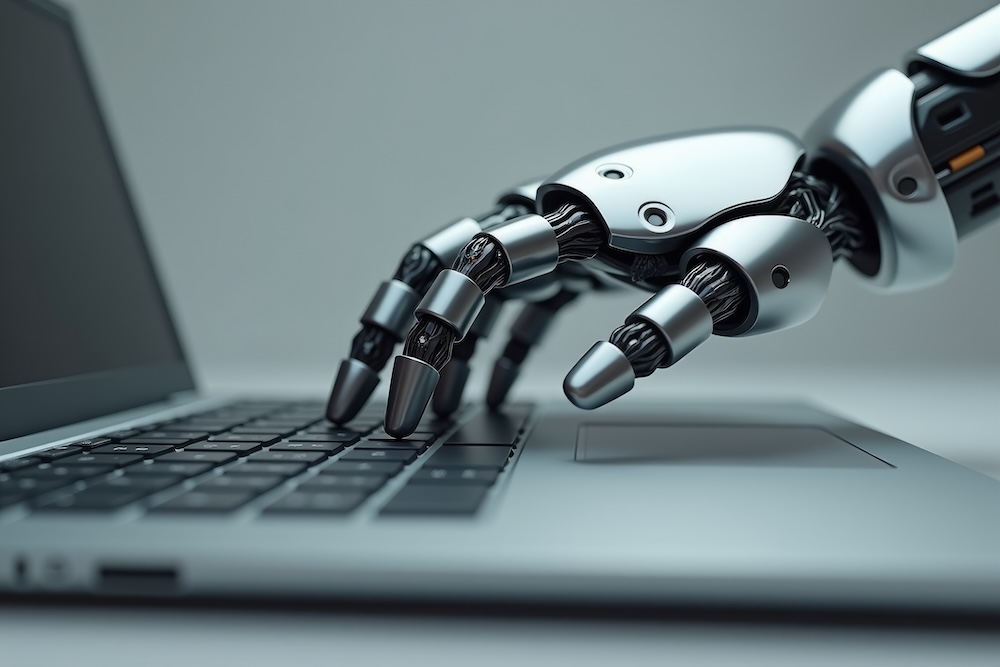 Close up of humanoid robot hand types on a laptop, showcasing the utility of automation in repetitive and tedious tasks. AI