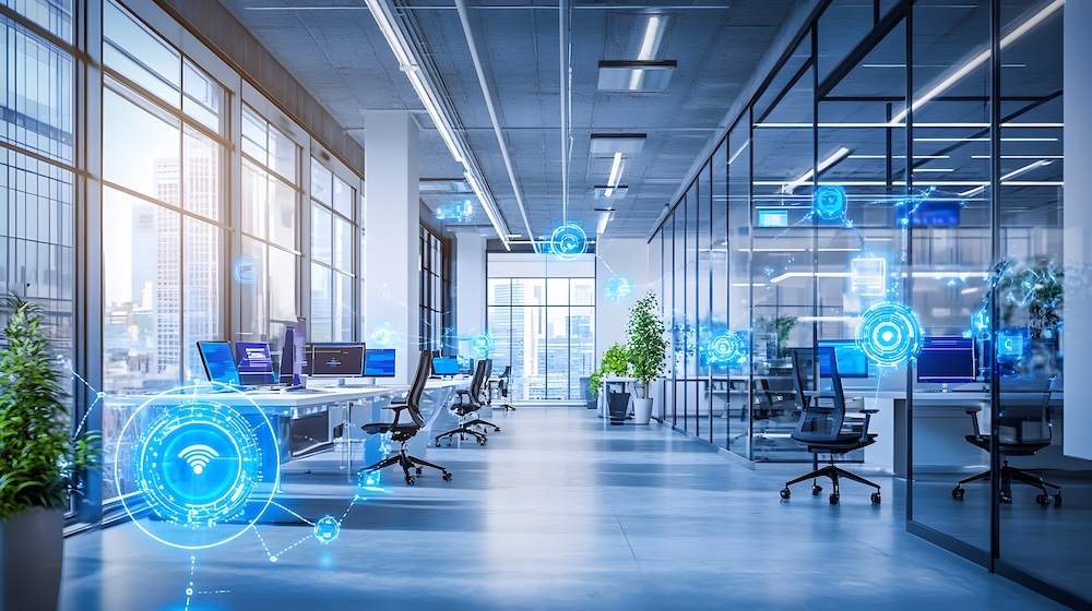 Cutting edge smart office space with IoT powered automation systems for enhanced productivity streamlined workflows and optimized work environment