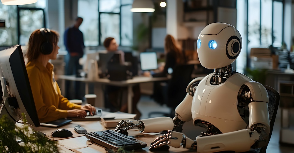 In a modern office setting, a robot sits at a desk alongside human colleagues, representing the evolving landscape of work. The image captures the integration of artificial intelligence and automation in professional environments.