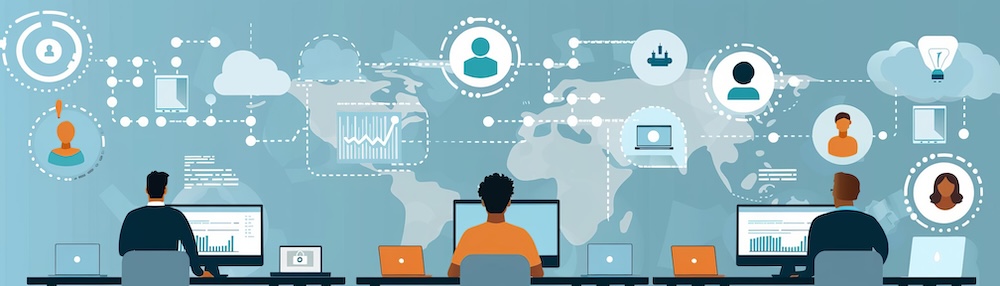 A distributed team utilizing virtual desktop infrastructure VDI for secure and centralized access to company resources, illustrating scalable remote work solutions 