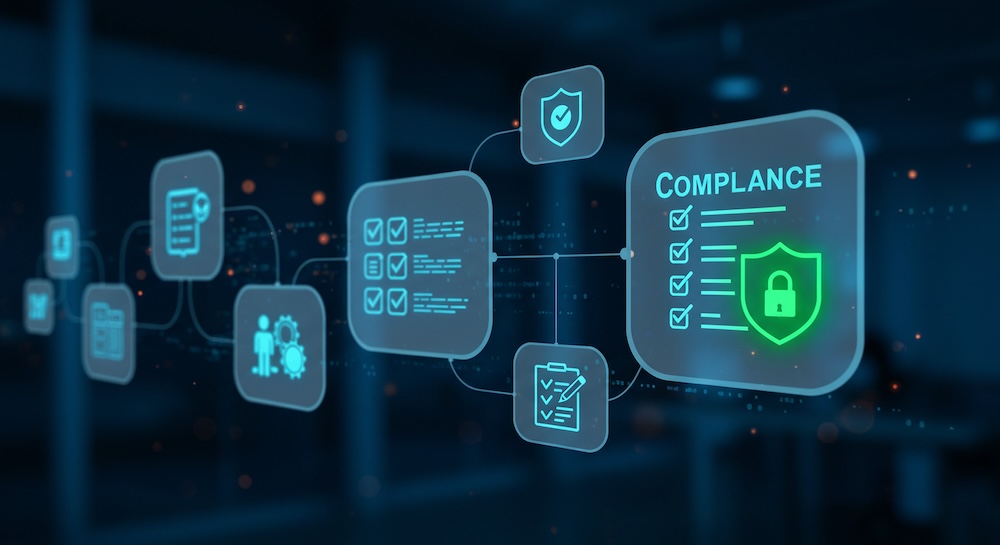 Digital compliance framework outlined in bright blue icons.