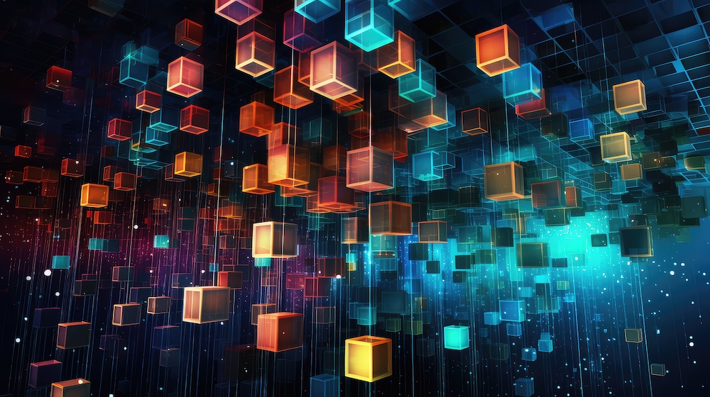 abstract data silo illustration digital artwork, cubes swirling, streams numbers abstract data silo