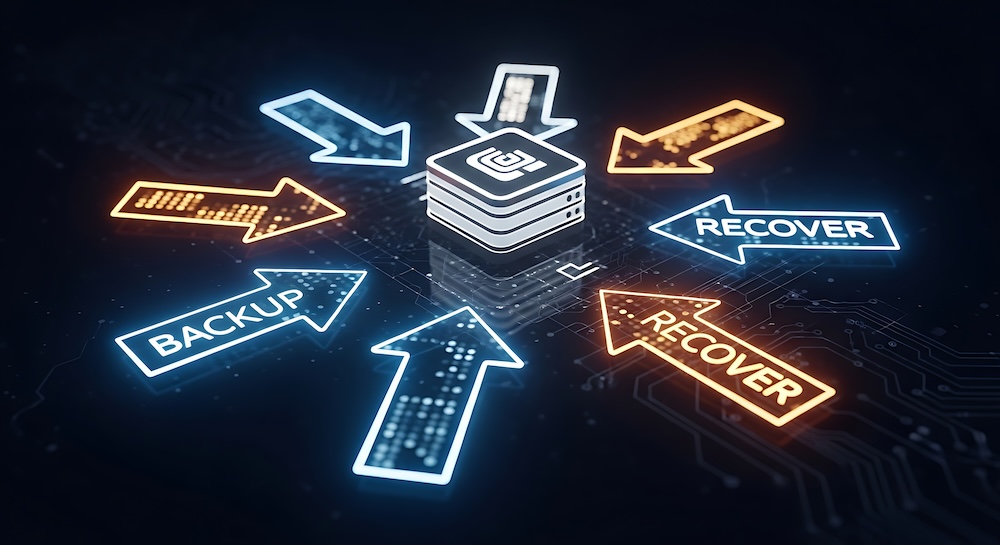 A central server cube is surrounded by glowing arrows indicating backup and recovery processes in a dark, digital environment.