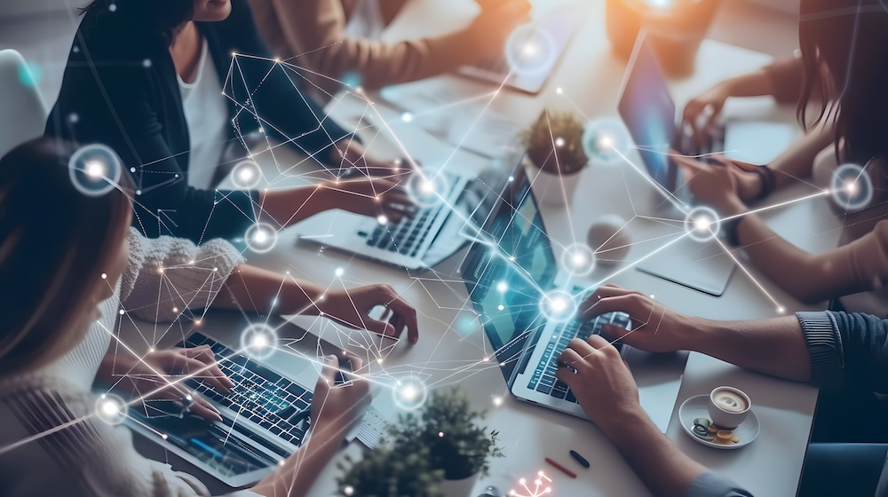 illustration of office business people working with an online network connection effect. Modern digital office.